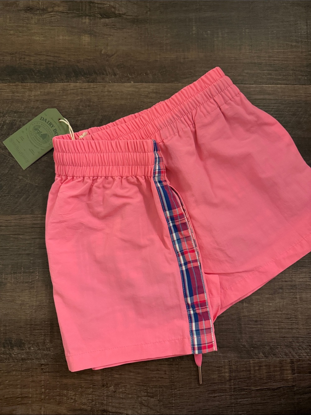 Dairy BoyElastic Waist Shorts with Plaid Trim